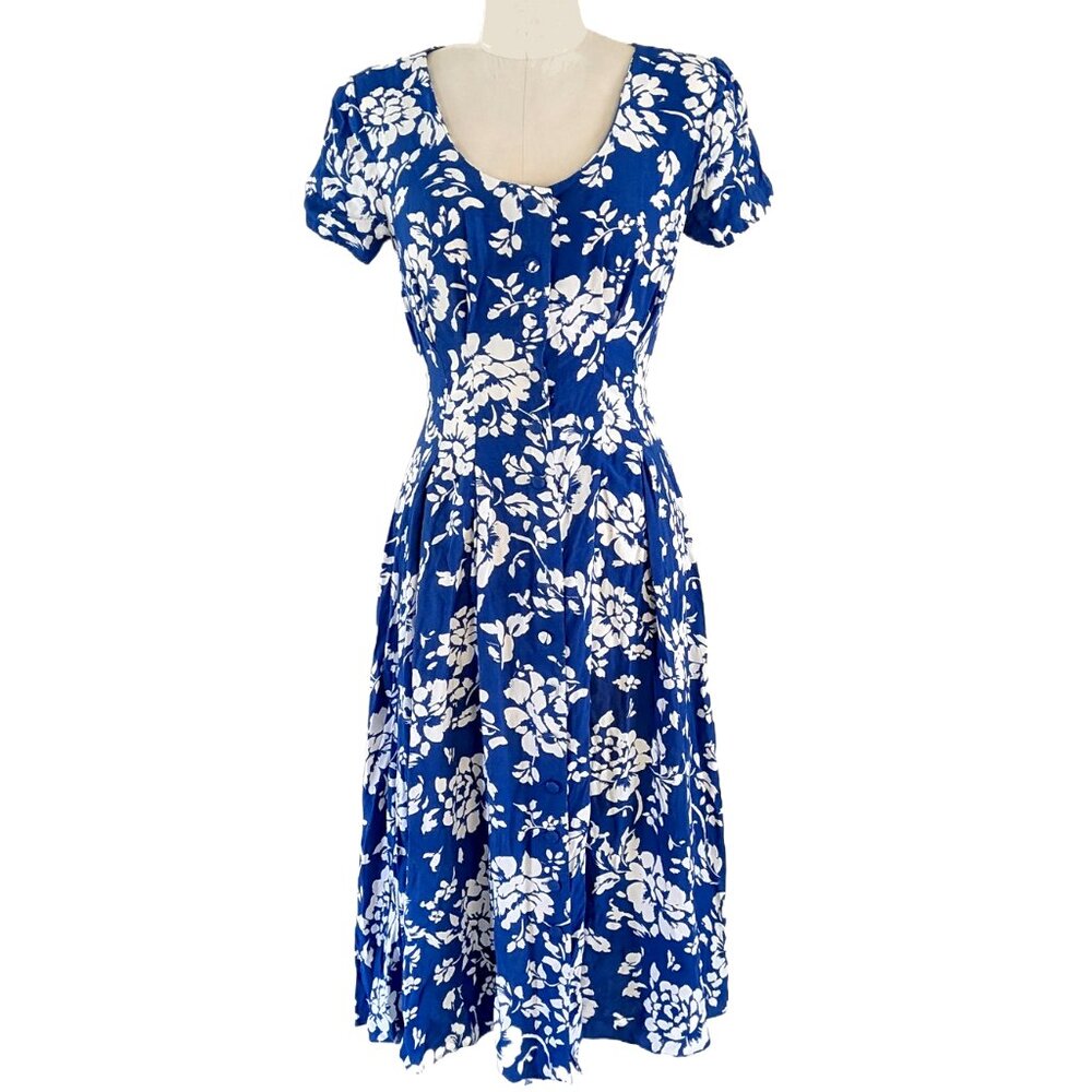 Vitnage Maggy London Y2K Blue Floral MIDI Dress SZ 6